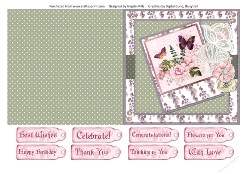 5 x 5 Quick Cut & Fold Card Pink Peonies/Butterflies with Sentiments Pink/Violet/Sage