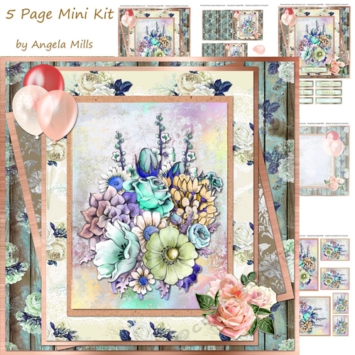 8 x 8 Card Mini Kit Garden Flowers  5 Sheets  Peach/Yellow/Aqua