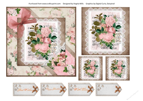 6 x 6 Card Front Shabby Peach Roses with Topper and Sentiment Tags, Peach/Ivory