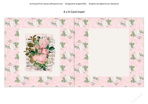 6 x 6 Card Insert Shabby Peach Roses on Pink/White Roses Background, Blank