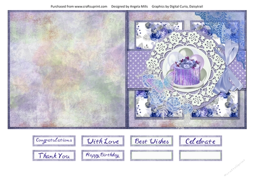 5 x 5 Quick Cut & Fold Card Lilac Birthday Cake/Balloons with Sentiments