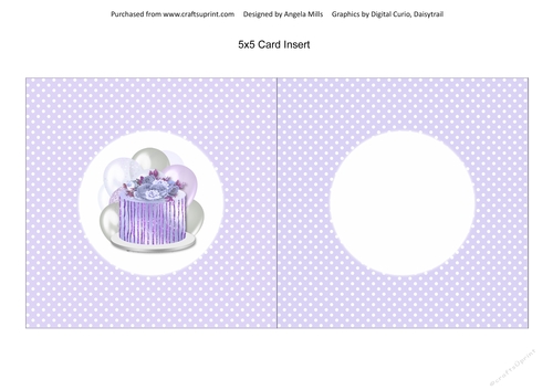 5 x 5 Card Insert Lilac Cake/Balloons on Lilac/White Polka Dot Background, Blank