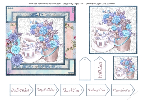 6 x 6 Card Front Blue/Lilac/Taupe Teacups & Flowers with Topper and Sentiment Tags