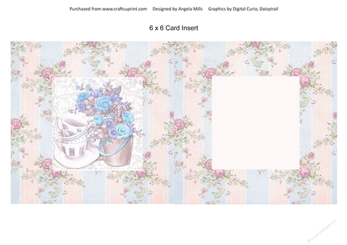 6 x 6 Card Insert Teacups/Flowers on Shabby Floral Striped Background, Blank