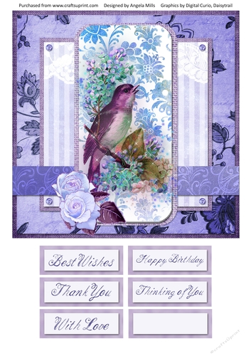 8 x 8 Card Front Blue/Lilac Bird/Floral with Sentiment Toppers