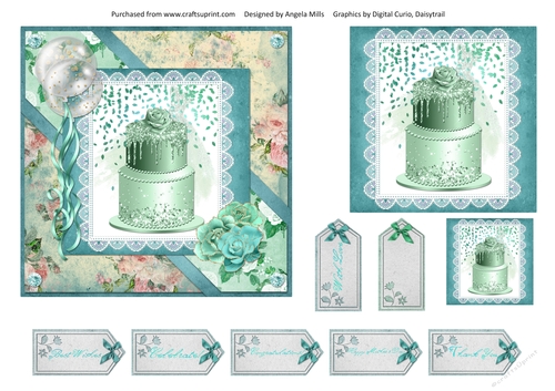 6 x 6 Card Front Shabby Mint Cake with Topper and Sentiment Tags, Mint/Teal/Peach
