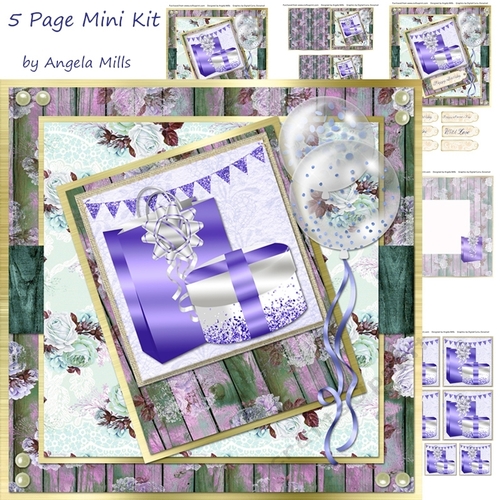 8 x 8 Card Mini Kit Purple/White Gift Bag/Box 5 Sheets  Purple/Gold/Green
