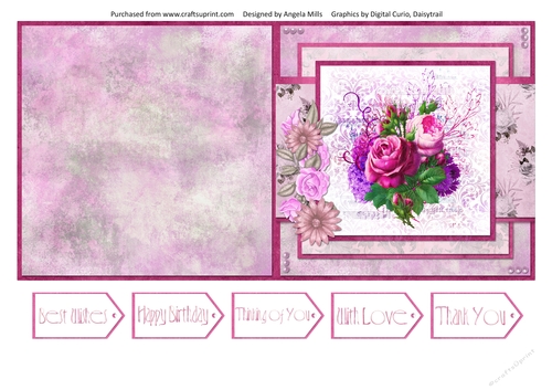 5 x 5 Quick Cut & Fold Card Pink/Purple Bouquet with Sentiment Tags