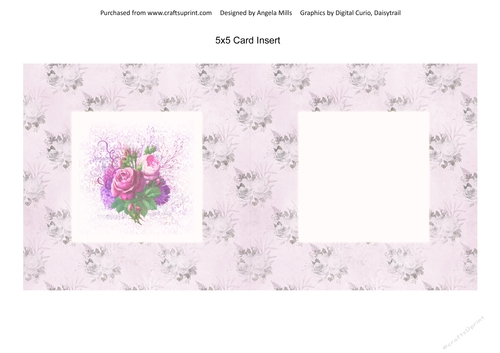 5 X 5 Card Insert Pink/Violet Bouquet on Shabby Pink Floral Background, Blank
