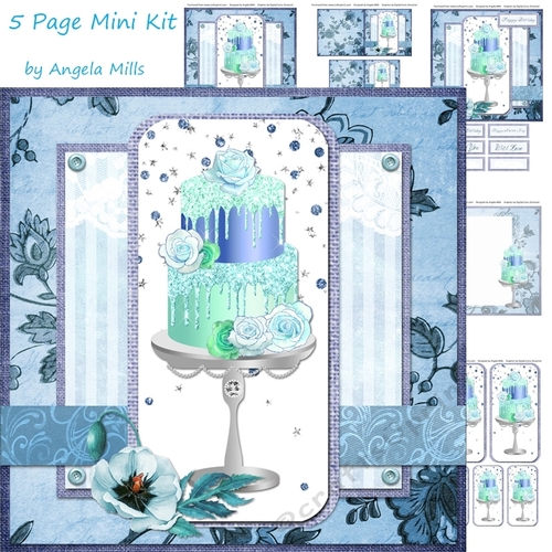 8 x 8 Decoupage Card Mini Kit Aqua/Blue Tiered Cake, 5 Sheets