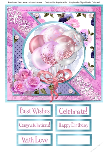 8 x 8 Card Front Pink/White Celebration Balloons with Sentiments