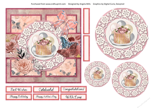 6 x 6 Card Front Gold Floral Cake/Balloons with Toppers and Sentiments, Peach/Coral