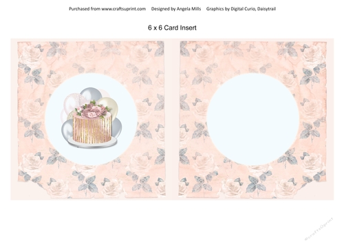 6 x 6 Card Insert Gold Floral Cake/Balloons on Peach Shabby Floral Background, Blank