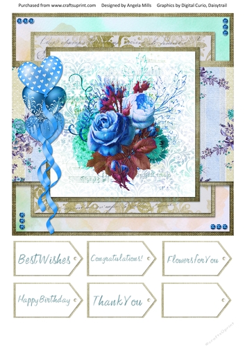 8 x 8 Card Front Shabby Blue/Aqua Bouquet & Balloons with Sentiments Tags