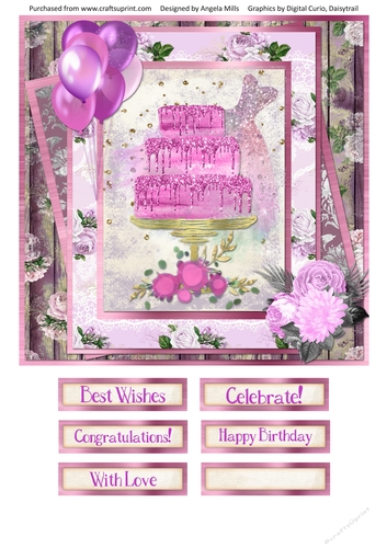 8 x 8 Card Front Pink Glitter Tiered Cake with Sentiments, Pink/Ivory