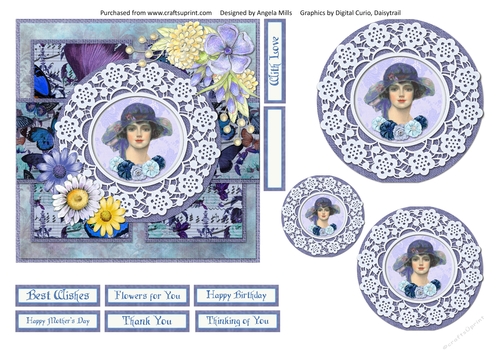 6 x 6 Shabby Card Front Lady in Summer Hat with Toppers and Sentiments, Blue/Lilac/Yellow