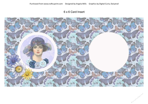 6 x 6 Card Insert Lady in Summer Hat on Blue Butterflies Background, Blank