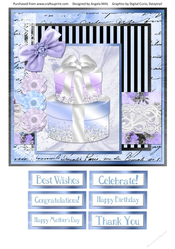 8 x 8 Card Front Blue/Lilac Gift Boxes/Lace with Sentiments