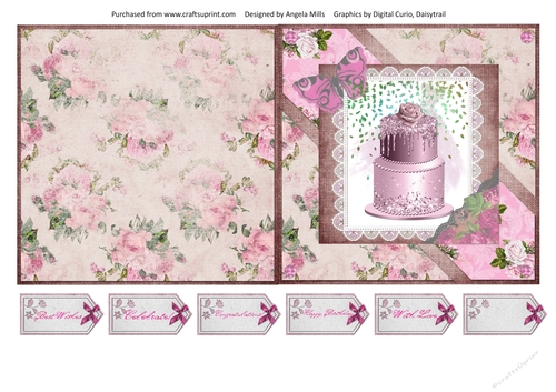 5 x 5 Cut and Fold Card Shabby Pink Cake/Roses with Sentiment Tags