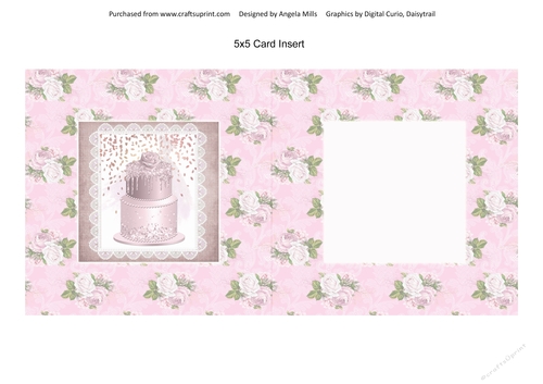 5 x 5 Card Insert Pink Cake on Shabby Pink/Ivory Floral Background, Blank