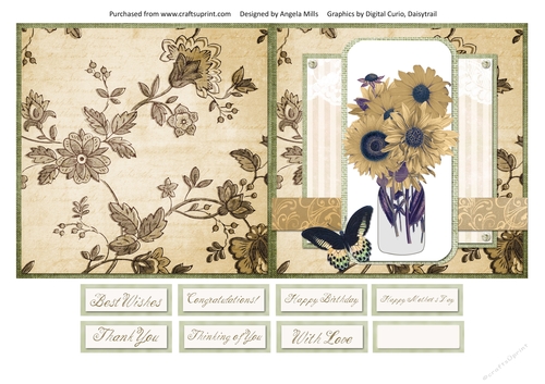 5 x 5 Cut and Fold Card Sunflowers with Sentiments, Yellow/Sepia