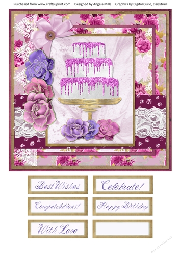 8 x 8 Card Front Pink/White Glitter Tiered Card Front with Sentiments, Crimson/Gold.Pink