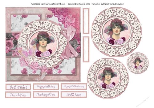 6 x 6 Shabby Card Front Lady in Pink Summer Hat with Toppers and Sentiments Pink/Grey/White