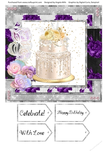 8 x 8 Card Front Shabby Gold Floral Celebration Cake with Sentiment Tags, Gold/Silver/Purple