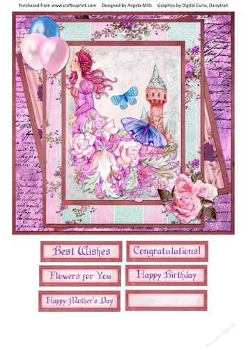 8 x 8 Card Front Pink/Lilac Fairy Princess with Sentiments