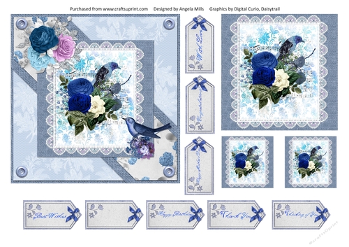 6 x 6 Card Front Shabby Floral Birds/Lace with Toppers and Sentiment Tags,  Blue/White