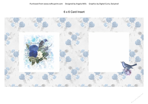 6 x 6 Card Insert Shabby Floral Bird on Blue/White Floral Background, Blank