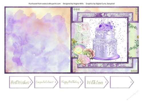 5 x 5 Quick Cut & Fold Card Lilac Cake with Sentiment Tags, Lilac/Peach/Green