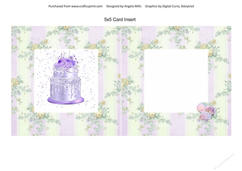 5 x 5 Card Insert Lilac Cake on Shabby Lilac/Green Striped Floral Background, Blank
