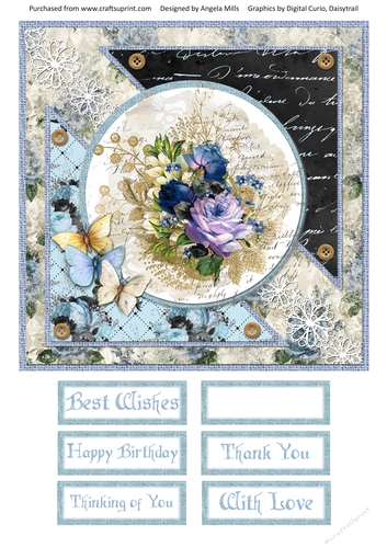 8 x 8 Card Front Shabby Lilac/Navy/Gold Floral Bouquet with Sentiments