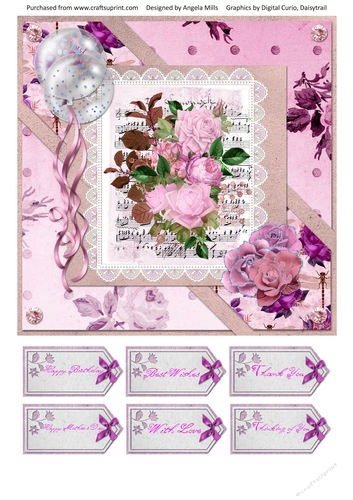8 x 8 Card Front Shabby Pink Roses Bouquet/WhiteBalloons with Sentiment Tags