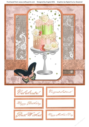 8 x 8 Card Front Peach/Green Tiered Cake with Sentiments