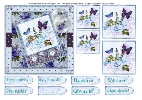 6 x 6 Card Front Blue Peonies/Butterflies with Toppers and Sentiment Tags, Blue/Grey/White