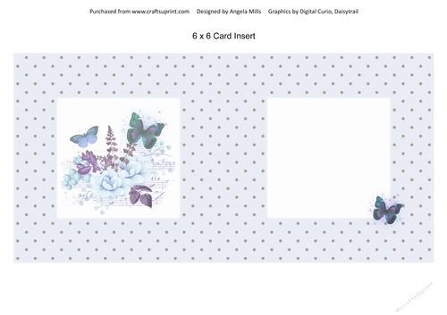 6 x 6 Card Insert Blue Peonies on Blue/Grey Polka Dot Background, Blank