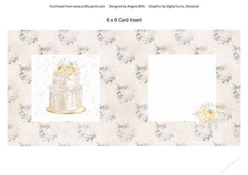 6 x 6 Card Insert Gold Floral Celebration Cake on Shabby Ivory Floral Background, Blank