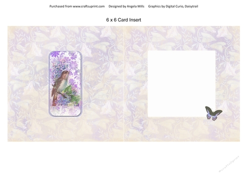 6 x 6 Card Insert Floral Bird on Lilac/Gold Floral Background, Blank