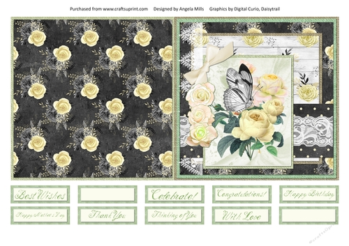5 x 5 Quick Cut & Fold Card Yellow/Black Butterfly/Peonies with Sentiments