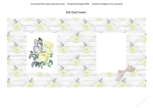 5 x 5 Card Insert Butterfly/Yellow Peonies on Yellow/White Floral Background, Blank