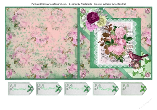 5 x 5 Quick Cut & Fold Card Shabby Pink/Green Roses with Sentiment Tags