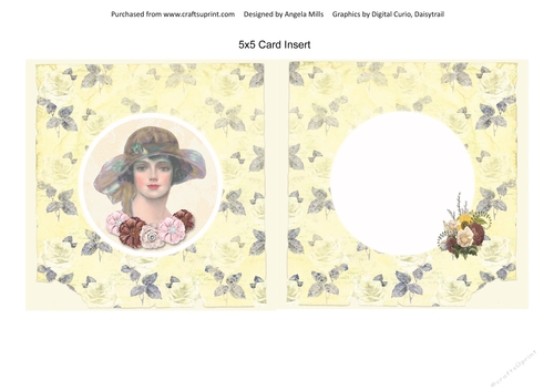 5 x 5 Card Insert Shabby Lady in Summer Hat on Light Yellow Floral Background, Blank