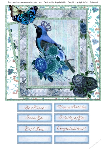8 x 8 Card Front Shabby Floral Blue Bird/Butterflies with Sentiments, Blue/White