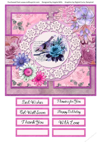 8 x 8 Card Front Shabby Floral Lilac Bird with Sentiments, Pink/Lilac