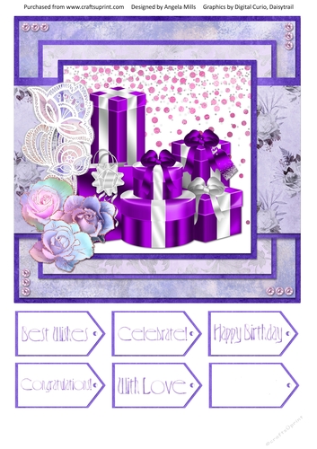 8 x 8 Card Front PurpleWhite Gift Boxes with Sentiment Tags, Purple/Lilac
