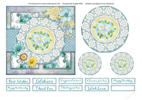 6 x 6 Card Front Blue/Yellow Daisies with Toppers and Sentiments