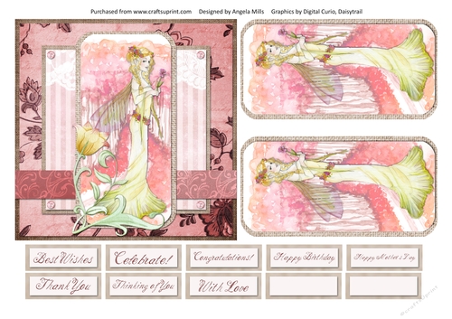 6 x 6 Card Front Woodland Fairy Queen with Toppers and Sentiments, Dusky Pink/Yellow