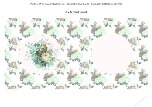 6 x 6 Card Insert Aqua/Green Floral Bouquet on Shabby Green Floral Background, Blank